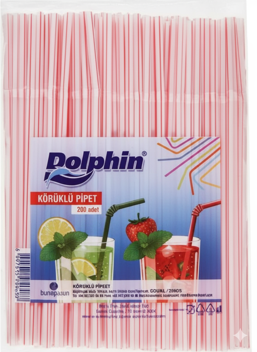 Dolphin Körüklü Plastik Pipet  200 Adet
