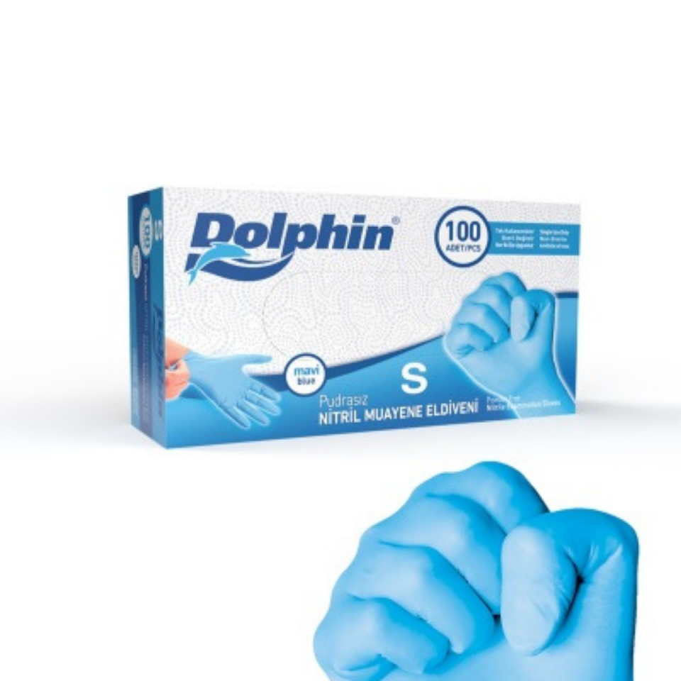 Dolphin Pudrasız Mavi Nitril Muayene Eldiveni S Beden
