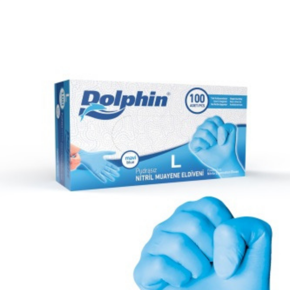 Dolphin Pudrasız Mavi Nitril Muayene Eldiveni L  Beden